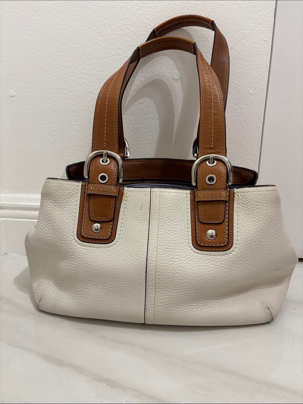 Coach Madison Pebbled Leather Carryall Tote Ivory Saddle Trim F13109